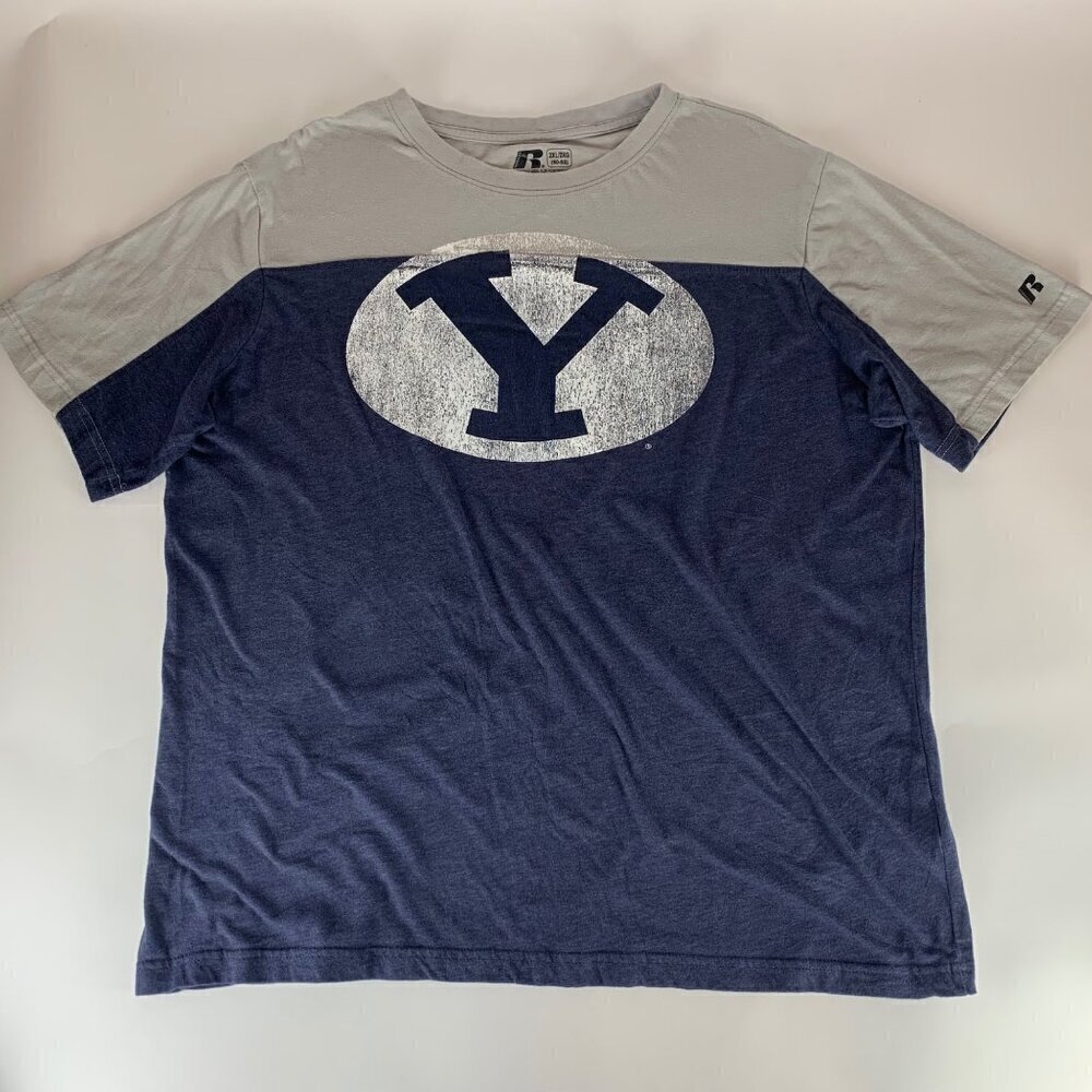 BYU Cougars NCAA Navy Blue Gray Russell Athletic Short Sleeve Crewneck Shirt 2XL